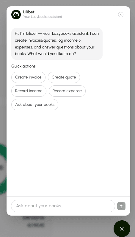 Lilibet chat window offering quick actions: create invoice, create quote, record income, record expense and ask about your books